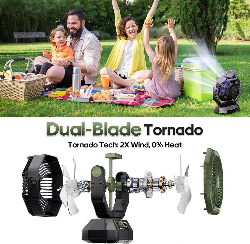 AJVV Camping Fan Rechargeable, Battery Powered Fan With Remote Controller, LED Light, Dual Motors, Stepless Speed, 90°/270° Swing,Timer, Portable fan For Travel Tent Bedroom Beach Fishing, Green - Image 2